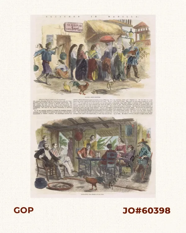 Sketches in Manilla. 1.] Manilla Girl Shopping; 2.] Bargaining for Horses in Calamba