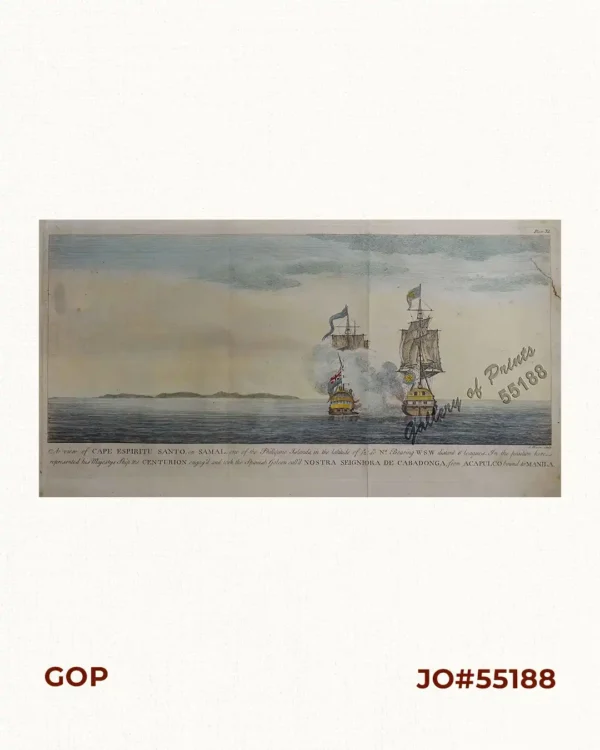A view of Cape Espiritu Santo, on Samal, one of the Phillippine Islands… Centurion engag'd and took the Spanish Galeon call'd Nostra Seigniora de Cabadonga, from Acapulco bound to Manila.
