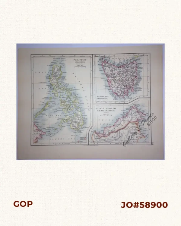 1. Philippine Islands (to United States), 2. Tasmania, 3. North Borneo, Sarawak & Brunei (British). with prints on verso: 1. Melbourne and Environs, 2. Port Phillip, 3. Otago Harbour, 4. Fiji Islands.