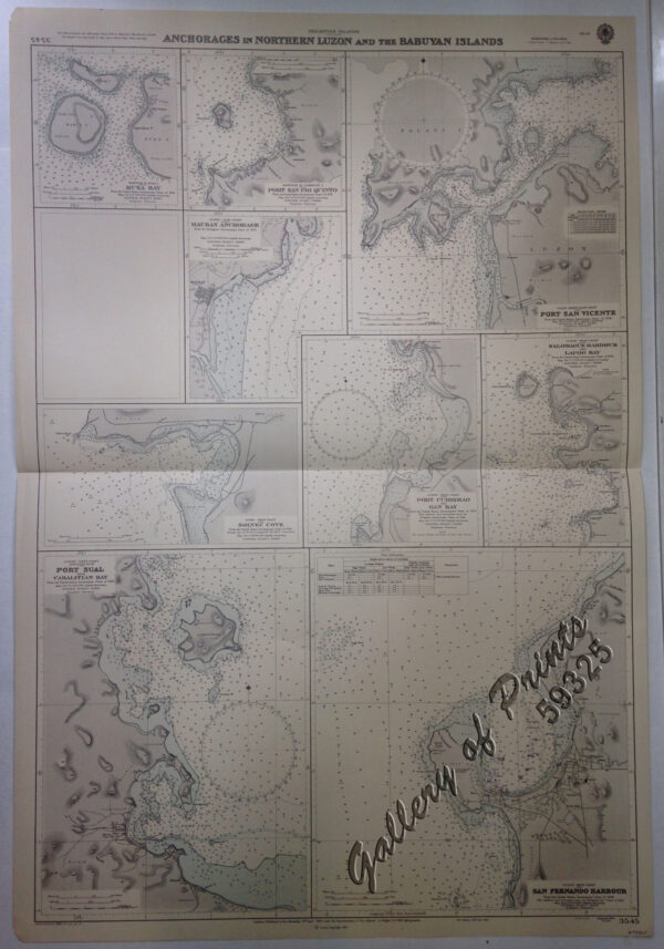 Philippine Islands. Anchorages in Northern Luzon and the Babuyan Islands. Insets: 1) Babuyan Is. - Fuga I. Musa Bay. From the United States Government Chart to 1931. 2) Babuyan Is. - Camiguin I. Port San Pio Quinto. From the United States Government Chart to 1931. 3) Luzon-North-East Coast Port San Vicente. From the United States Government Chart to 1938. 4) Luzon - East Coast Mauban Anchorage. From the Philippine Government Chart of 1957. 5) Luzon - West Coast. Salomague Harbour and Lapog Bay. From the United States Government Chart of 1934. 6) Luzon - West Coast Port Currimao and Gan Bay. From the United States Government Chart of 1934. 7) Luzon - West Coast Solvec Cove. From the United States Government Chart of 1934. 8) Luzon - West Coast Lingayen Gulf. Port Sual with Cabalitian Bay. From the United States Government Chart of 1922. 9) Luzon - West Coast San Fernando Harbour. From the United States Government Chart of 1936.