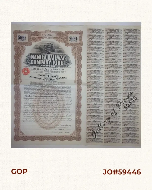 The Manila Railway Company [1906] Limited. "A" Debenture Bond No. A 12930. £ 100 - with many coupons