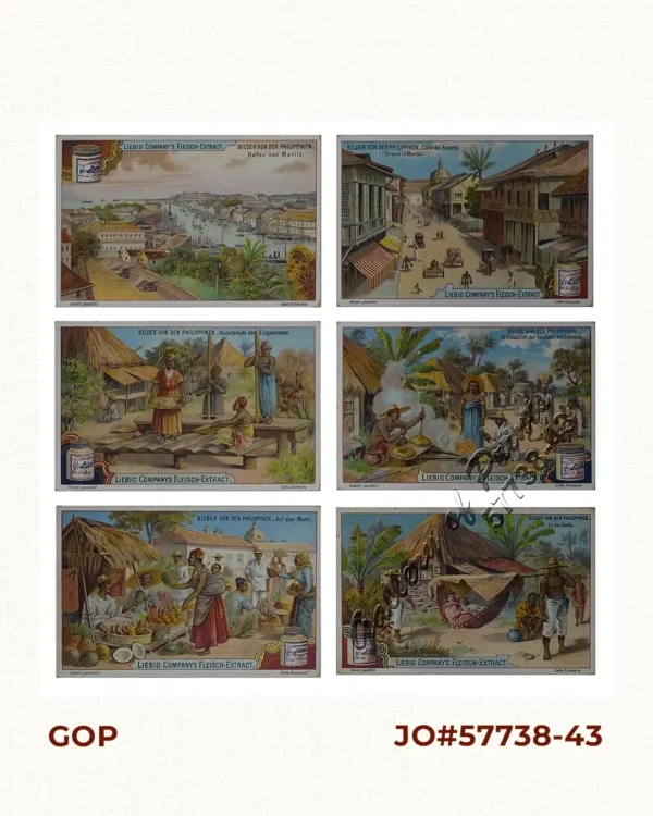 Bilder von den Philippinen [Pictures of the Philippines] 1) Hafen von Manila [Harbour of Manila]; 2) Auf dem Markt. [In the Market]; 3) Calle del Rosario (Strasse in Manila) [Manila Street]; 4) Reisstampfe der Eingeborenen [Natives Pounding Rice]; 5) Wohnstätten der Insulaner mit Schmiede [Dwellings of Islanders with Smithy]; 6) In der Sänfte [In a Sedan].