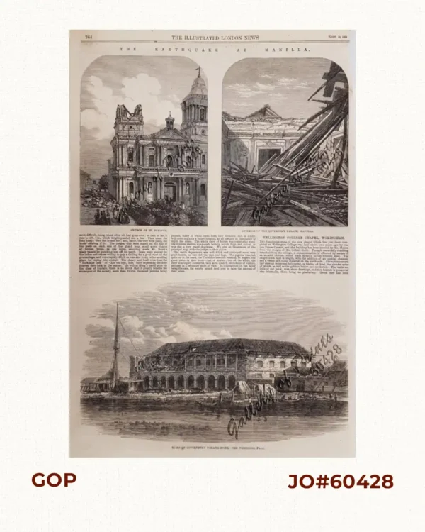 The Earthquake at Manilla: 3 views 1) Church of St. Domingo, 2) Interior of the Governor's Palace, Manilla, 3) Ruins of Government Tobacco Store