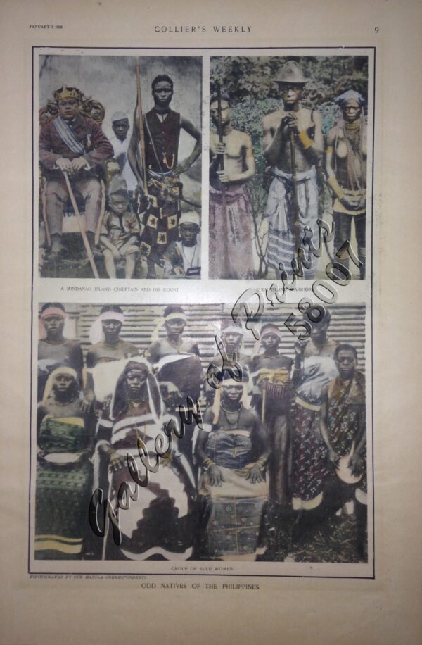 Odd Natives of the Philippines. 1. A Mindanao Island Chieftain and his Court; 2. Sulu Island Warriors; 3. Group of Sulu Women.