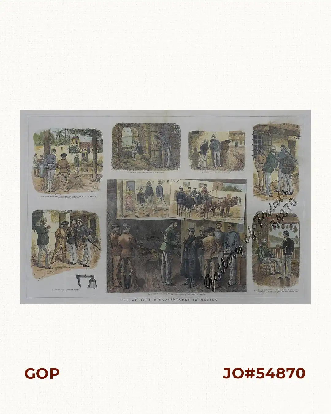 Our Artist's Misadventures in Manila 1. Our Artist is Observed Walking and not smoking. He incurs the natural suspicion of the authorities. 2. He is Followed, and Observed to be Sketching 3. Still at it. "He must be arrested" 4. Cornered 5. The Bold Gendarmes are Amused 6. Arrested 7. He Explains the Matter to Some Friends whom He Meets on the Way to the Police-station. 8. At the station house: Don John is Perplexed by the Novelty of the Case 9. And Apologies Next Day in a Café, thus "Closing the Incident;" "No One", he says, "Has ever before been seen Sketching in Manila"