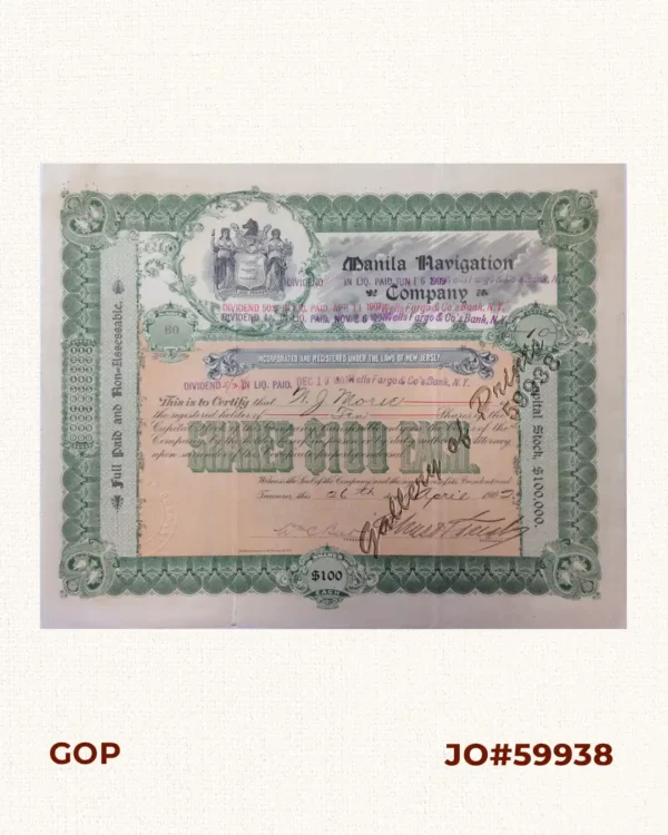 Number 60. Shares $ 100 each. [Share of 10] Manila Navigation Company.