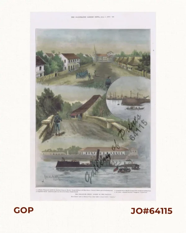 The Philippine Crisis: Scenes of the Conflict. 1. A Filipino Village just outside the American Lines near Manila; 2. Outposts in Touch: American on the near side of the Bridge, Filipino beyond; 3. A Spanish Fort at Manila mounted with old Muzzle-loading Guns; 4. At Cavite: a Spanish Gun-boat "Scuppered" by her Crew.