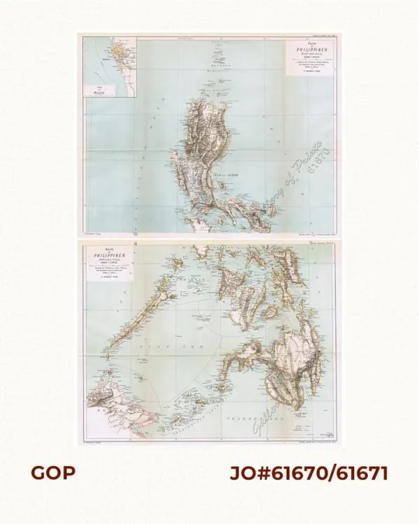1) Karte der Philippinen (Nördliches Blatt), inset: Plan von Manila; 2) Karte der Philippinen (Südliches Blatt)  [Map of the Philippines in 2 Sections]