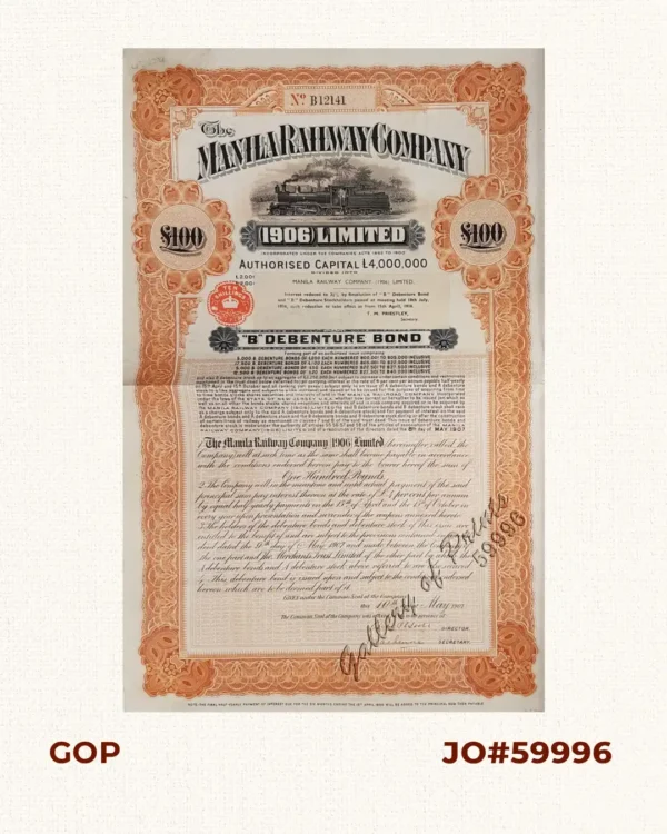 The Manila Railway Company [1906] Limited "B" Debenture Bond No. B 12141 £ 100 - with many coupons