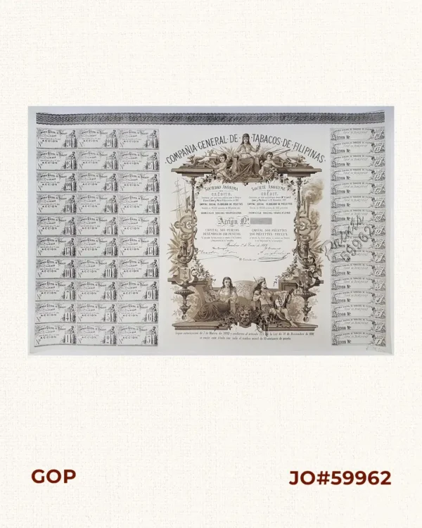 Accion [stock certificate] [unnumbered] Capital 500 pesetas Desembolso 250 pesetas [Tabacalera Shares]