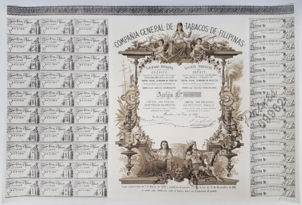 Accion [stock certificate] [unnumbered] Capital 500 pesetas Desembolso 250 pesetas [Tabacalera Shares]