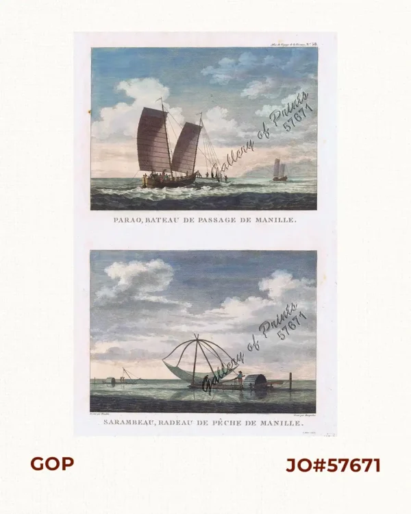 1) Parao, Bateau de Passage de Manille (Parao, ferryboat of Manila). 2) Sarambeau, Radeau de Peche de Manille (Sarambao, fish trap of Manila)