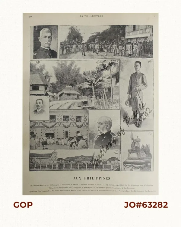 Aux Philippines 1) Général Lawton. 2) Insurgés et leurs chefs à Malolos. 3) Les environs d'Ilo-ilo. 4) Aguinaldo, président de la République des Philippines. 5) Agoncillo, représentant des Philippines à Washington. 6) Quartier général d'Aguinaldo à San-Fernando. 7) Général Otis, commandant des forces américaines à Manille. 8) La ville de Cebu. 9) Statue Commémorative de l'Indépendance des Philippines, à San-Fernando.
