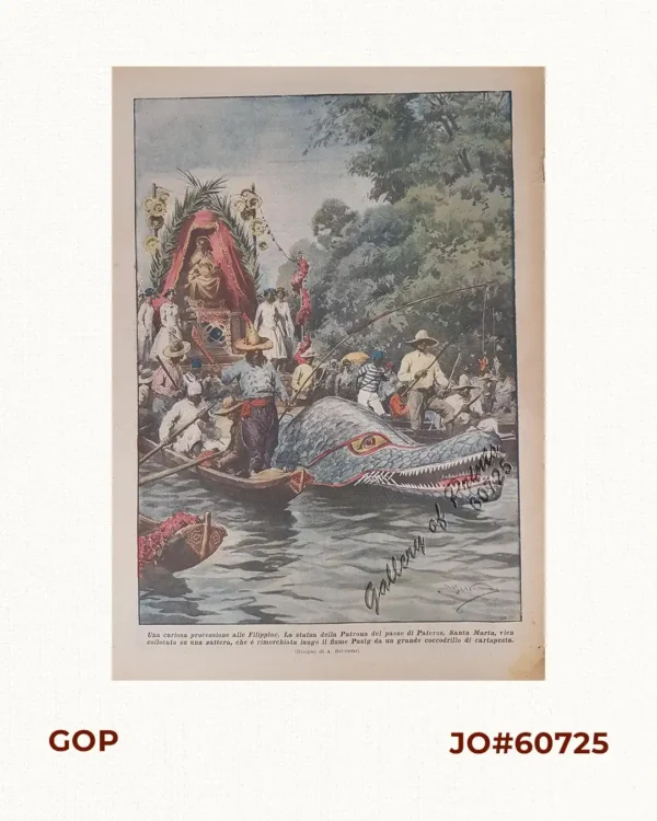 Una curiosa processione alle Filippine. La statua della Patrona del paese di Pateros, Sta Marta, vien collocata su una zattera, che è rimorchiata lungo il fiume Pasig da un grande coccodrillo di cartapesta.