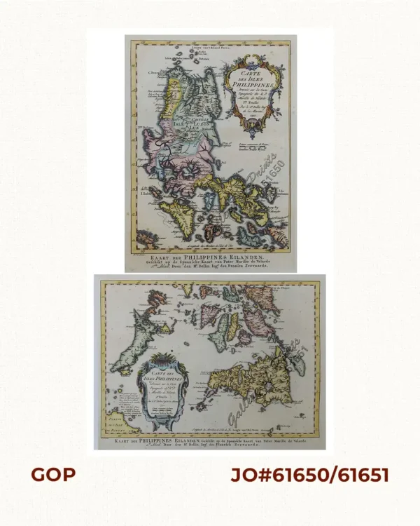 1) Carte des Isles Philippines (1e feuille) Kaart der Philippines Eilanden, Geschikt op de Spaansche Kaart van Pater Murillo de Velarde 1.ste Blad. Door den Hr. Bellin Ingr. des Fransen Zeevaards. 2) Carte des Isles Philippines (2e feuille) Kaart der Philippines Eilanden, Geschikt op de Spaansche Kaart van Pater Murillo de Velarde 2.de Blad. Door den Hr. Bellin Ingr. des Fransen Zeevaards.