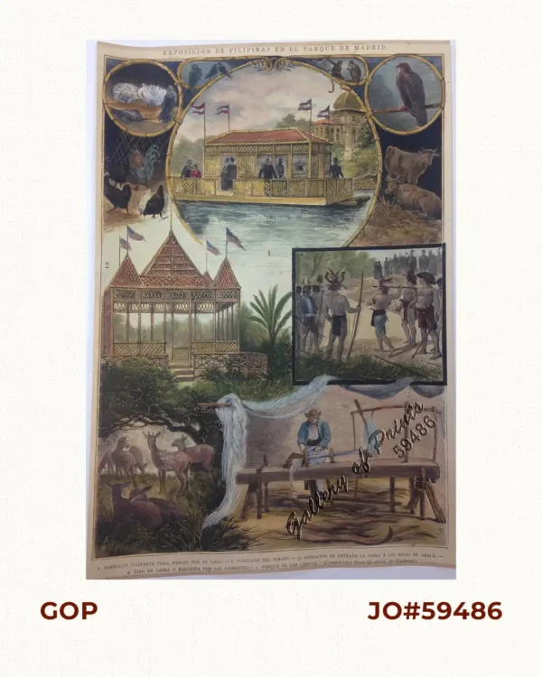 Exposicion de Filipinas en el Parque de Madrid. 1. Pabellon Flotante para pasear por el lago. 2. Pabellon del Jurado. 3. Operacion de extraer la fibra ....... 4. Tiro de lanza y Ballesta por los Igorrotes. 5. Parque de los Ciervos.