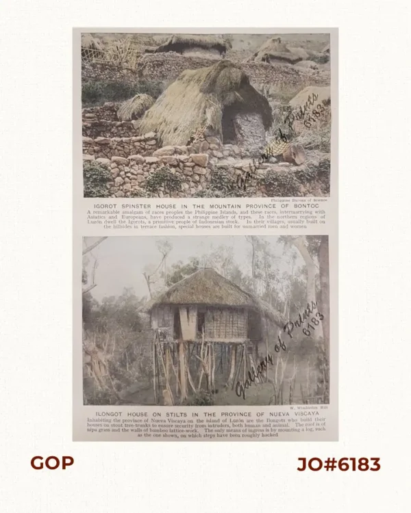 1. Igorot Spinster House in the Mountain Province of Bontoc; 2. Ilongot House on Stilts in the Province of Nueva Viscaya.