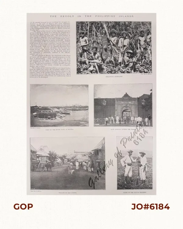 The Revolt in the Philippine Islands. 1. Philippine Aborigines. 2. View of the River Pasig at Manila. 3. Gate Leading Within the Walls. 4. Village of San Juento. 5. Types of the Native Soldiery.