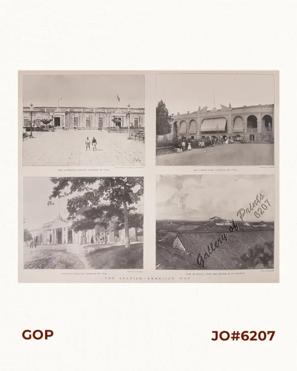 The Spanish - American War. 1. The Governor's Palace, Santiago de Cuba. 2. San Carlos Club, Santiago de Cuba. 3. Military Barracks, Santiago de Cuba. 4. View of Manila, with the church of St. Francis.