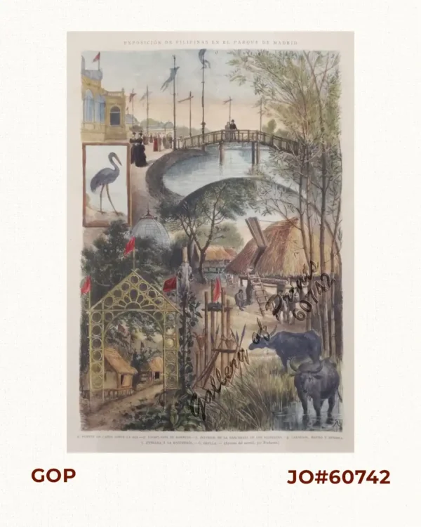 Exposicion de Filipinas en el Parque de Madrid. 1. Puente de Cañas sobre la ria. 2. Ejemplares de Bambúes. 3. Interior de la rancheria de los Igorrotes. 4. Carabaos, macho y hembra. 5. Entrada a la Rancheria. 6. Grulla.