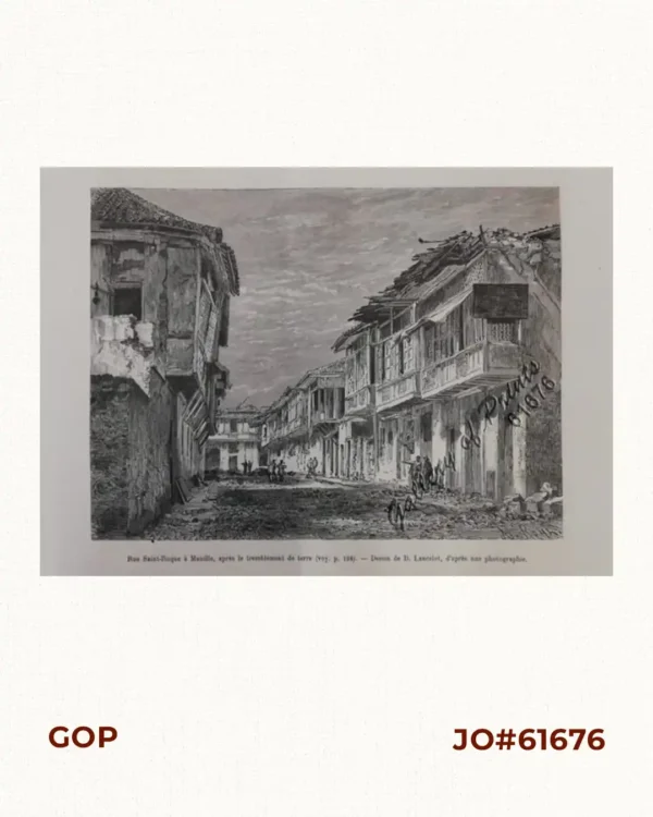 Rue Saint-Roque a Manille, apres le tremblement de terre (voy. p. 198). (San Roque St. after the earthquake at Manila)