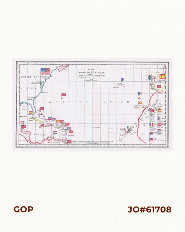 Map of the North Atlantic Ocean showing European Colonial Possessions under their National Flags. 1898. Mercator's Projection