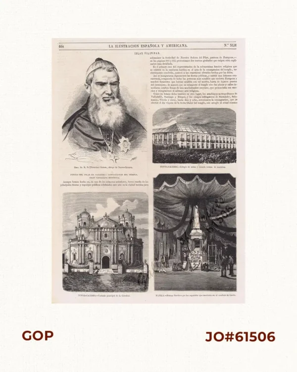 Islas Filipinas. 1.  Ilmo Sr. D. Fr. Francisco Gainza, obispo de Nueva-Caceres. 2.  Nueva-Caceres. - Colegio de niñas y escuela norma de maestras. 3.  Nueva-Caceres. - Fachada principal de la Catedral. 4.  Manila. - Honras funebres por los españoles que murieron en el combate de Cavite.
