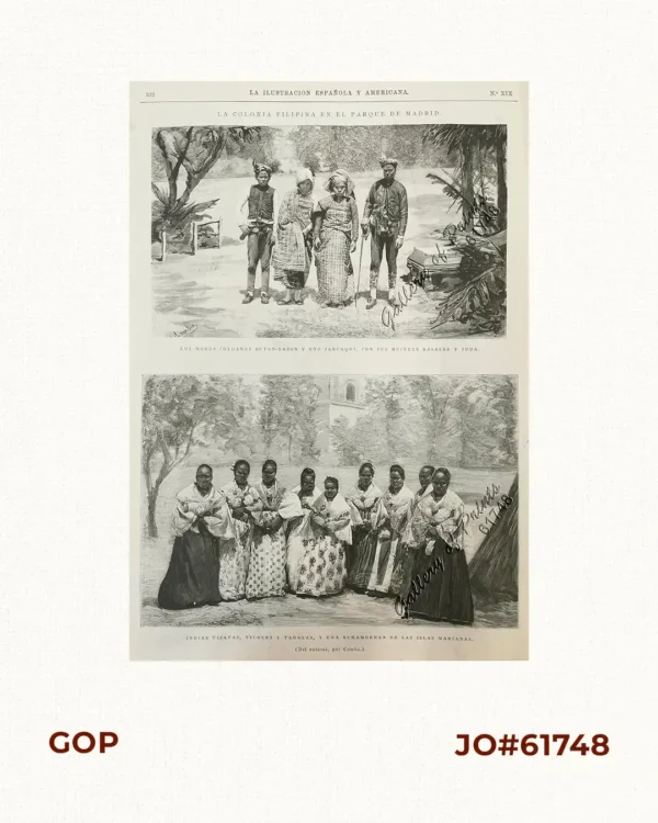 La Colonia Filipina en el Parque de Madrid 1)  Los Moros Joloanos Buton-Bason y Oto Jadcaqui, con sus mujeres Basalsa y Juda. 2)  Indias Visayas, Vicoles y Tagalas , una  de las Islas Marianas.