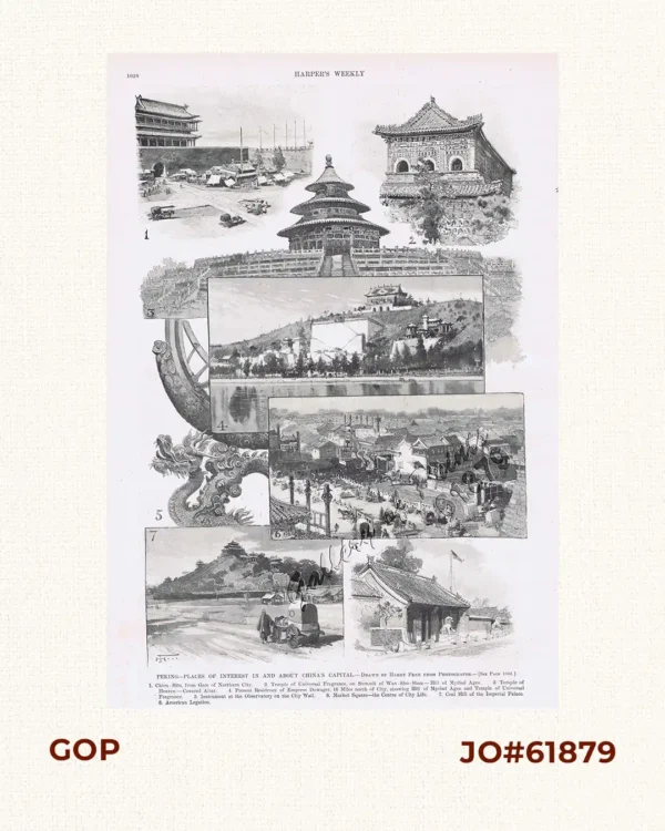 Peking - Places of Interest in and about China's Capital 1. Chien-Mën, from Gate of Northern City. 2. Temple of Universal Fragrance, on Summit of     Wan-Sho-Shan - Hill of Myriad Ages. 3. Temple of Heaven - Covered Altar. 4. Present Residence of Empress Dowager, 16 Miles     north of City, showing Hill of Myriad Ages and     Temple of Universal Fragrance. 5. Instrument at the Observatory on the City Wall. 6. Market Square - the Centre of City Life. 7. Coal Hill of the Imperial Palace. 8. American Legation.