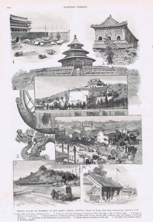 Peking - Places of Interest in and about China's Capital 1. Chien-Mën, from Gate of Northern City. 2. Temple of Universal Fragrance, on Summit of     Wan-Sho-Shan - Hill of Myriad Ages. 3. Temple of Heaven - Covered Altar. 4. Present Residence of Empress Dowager, 16 Miles     north of City, showing Hill of Myriad Ages and     Temple of Universal Fragrance. 5. Instrument at the Observatory on the City Wall. 6. Market Square - the Centre of City Life. 7. Coal Hill of the Imperial Palace. 8. American Legation.