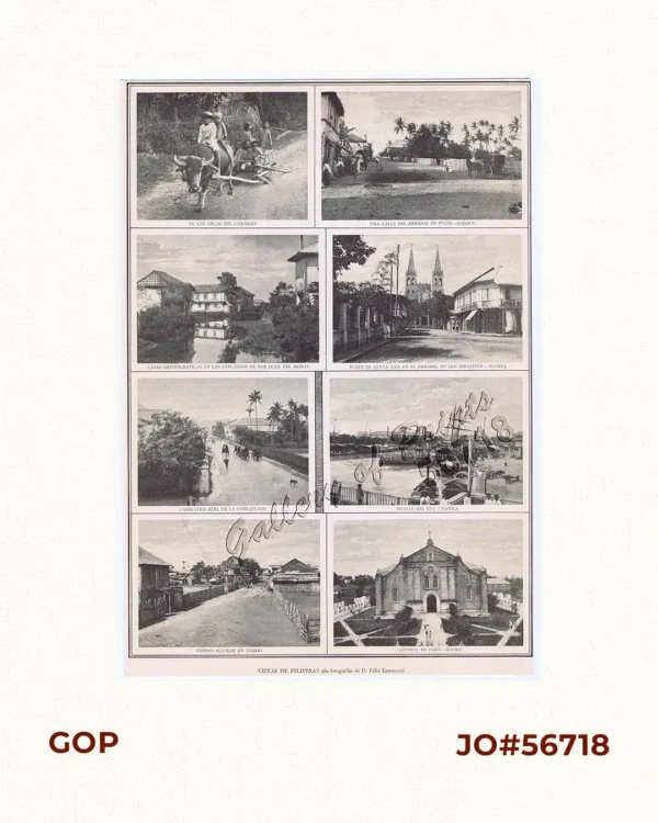 1) En las ancas del Carabao. 2) Una Calle del Arrabal de Paco - Manila. 3) Casas Aristocraticas en las cercanias de San Juan del Monte. 4) Plaza de Santa Ana en el Arrabal de San  Sebastian - Manila. 5) Carretera real de la Concepcion. 6) Muelle del Rey - Manila. 7) Barrio Aguilar en Tondo. 8) Catedral de Jaro - Ilo-Ilo.