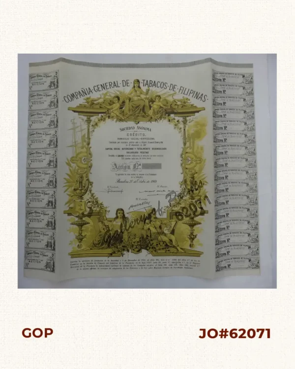 Accion [stock certificate] [unnumbered] Capital Social Autorizado y Totalmente Desembolsado 300,000,000 pesetas Dividido en 600,000 acciones ordinarias, al portador, de valor nominal 500 pesetas cada una, de serie única. [Tabacalera Shares]