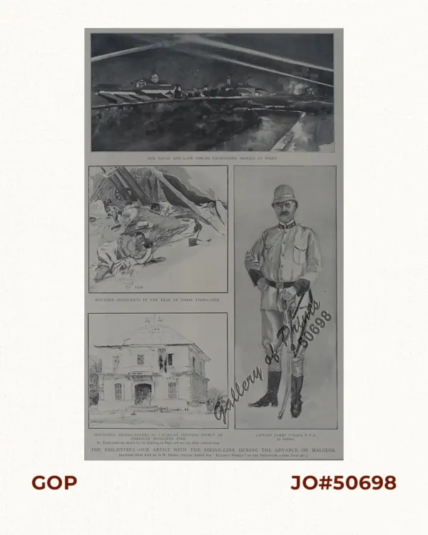The Philippines- Our Artist with the Firing-Line during the advance on Malolos. 1. Our naval and land forces exchanging signals at night. 2. Wounded insurgents in the rear of their firing-line. 3. Insurgent headquarters at Caloocan, showing effect of American artillery fire. ( Mr. Peters made the Sketch for the Drawing on pages 478 and 479 while confined here. 4. Captain James O'Hara, U.S.A., 3d Artillery.