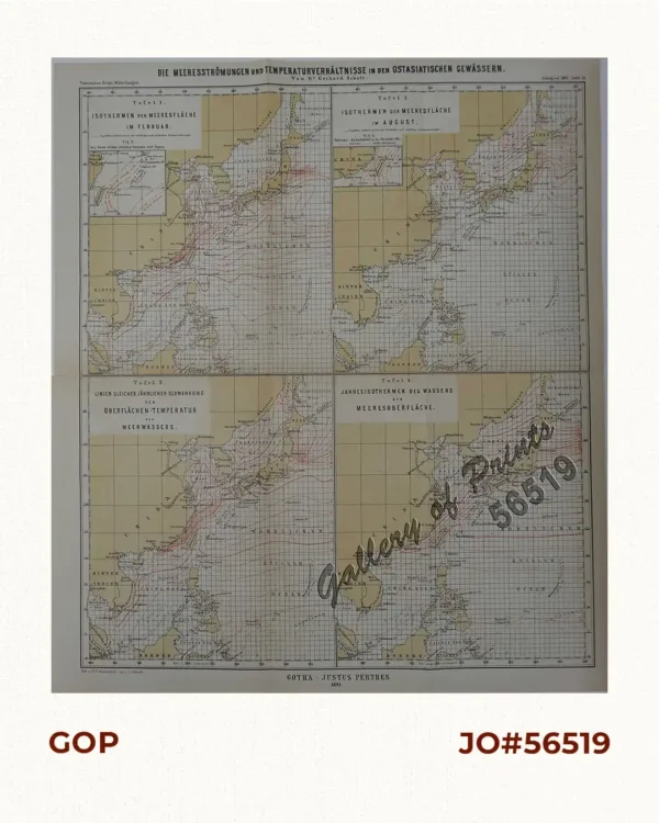 Die Meeresströmungen und Temperaturverhältnisse in den Ostasiatischen Gewässern (Ocean Currents and Temperatures in East Asiatic Seas) Tafel 1. Isothermen der Meeresfläche im Februar[Ocean Surface]  Fig. 2: Kuro-shiwa Tafel 2.  Isothermen der Meeresfläche im August Fig. 3: Februar Zirkulation in der Formosa Str. [Taiwan Strait] Tafel 3.  Linien gleicher jährlicher Schwankung der   Oberflächen-Temperatur des Meerwassers  [Annual Variant Lines of the Ocean's Surface Temperature] Tafel 4:  Jahresisothermen des Wassers der    Meeresoberfläche [Annual Isotherms of theOcean's Surface]