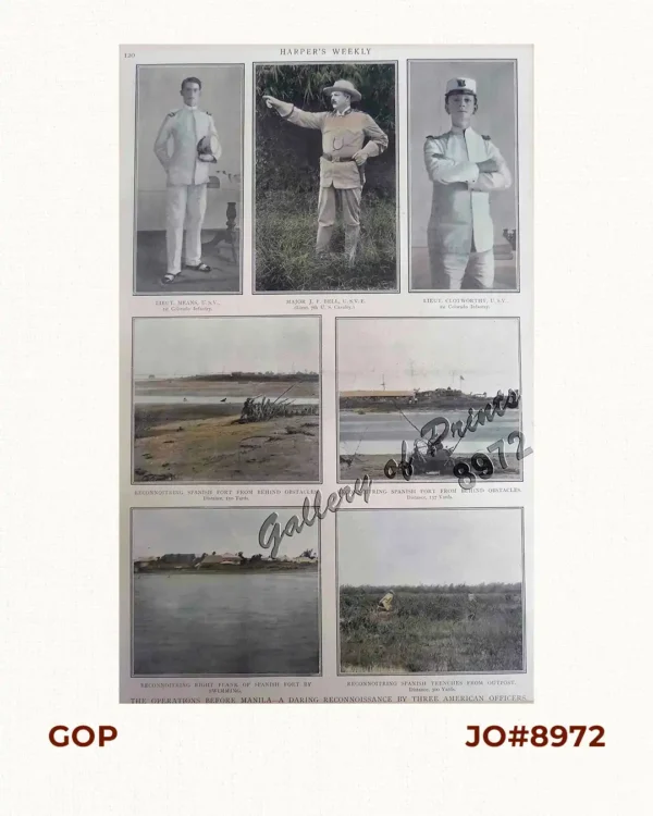 The Operations Before Manila - A Daring Reconnoissance by Three American Officers. 1. Lieut. Means, U.S.V., 1st Colorado Infantry 2. Major J.F. Bell. U.S.V.E., (Lieut. 7th U.S. Cavalry) 3.Lieut. Clotworthy, U.S.V., 1st Colorado Infantry 4. Reconnoitring Spanish Fort from Behind Obstacles. ( Distance, 150 Yards) 5. Reconnoitring Spanish Fort from Behind Obstacles. ( Distance, 137 Yards) 6. Reconnoitring Right Flank of Spanish Fort by Swimming 7. Reconnoitring Spanish Trenches from Outpost. (Distance, 300 yards)
