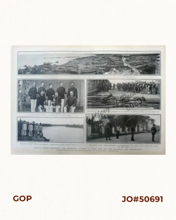 Manila-Scenes Attending the Insurgent Attempt to Burn the City and Massacre the Inhabitants. 1. Panoramic view from the top of Tondo church after the fire of February 22 and the fight of February 23. 2. Major-General Thomas M. Anderson, U.S.V.  and staff. 3. The Pasig river, where insurgents attempted to swim  across, February 4. 4. Remains of a barricade of railroad iron thrown up by insurgents during the fire. 5. The Tondo Fight - Some insurgents sharpshooters have just fired from the house on the left.
