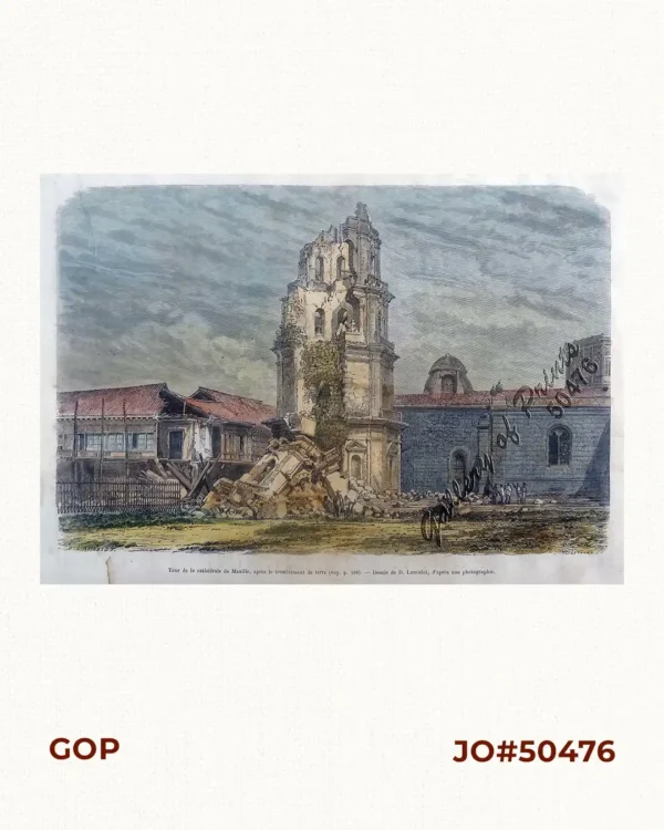 Tour de la cathedrale de Manille, apres le tremblement de terre (voy. p. 198). [Tower of Manila Cathedral after the Earthquake]