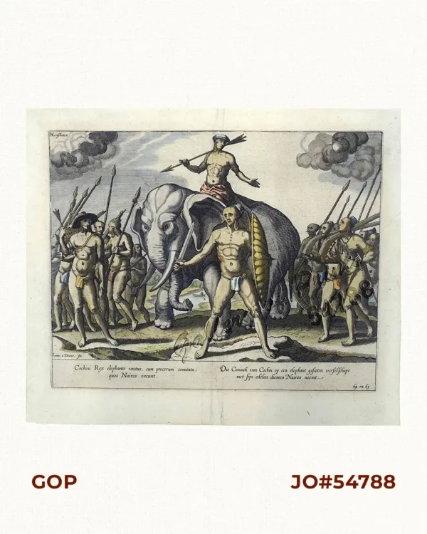 Cochini Rex elephante vectus, cum procerum  comitatu, quos Nairos vocant [Elephant carrying the Indian King,  together with the nobles in the company, which they call the Naira]