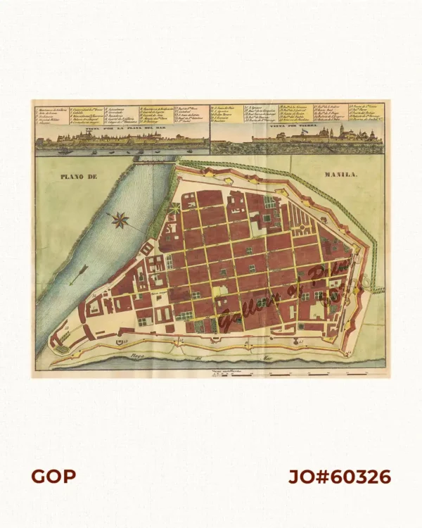 Plano de Manila (inset: 1. Vista por la Playa del Mar, 2. Vista por Tierra)