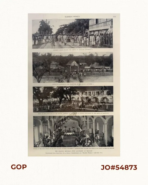 The Filipino Republic - with Aguinaldo at Malolos 1. Insurgent Troops awaiting the arrival of Aguinaldo, September 13. 2. Arrival of Aguinaldo in the Court-yard of the Convent, September 14. 3. Crowd in the Court-yard of the Convent Listening to the  Speech of General Buencamino, on the Arrival of Aguinaldo 4. Opening of the first session of the First Filipino Congress, September 15- Aguinaldo, who Occupies the Chair,is just about to read his Message