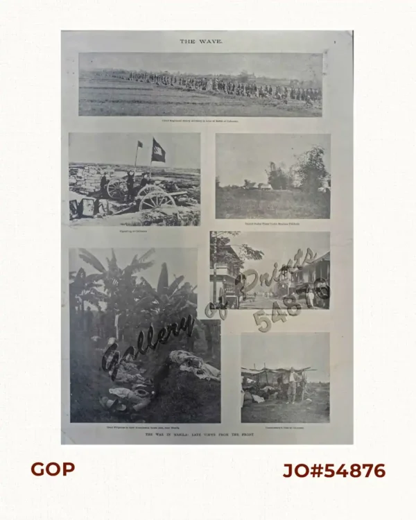 The War in Manila: Late views from the Front 1. Third Regiment Heavy Artillery in Line of Battle at Caloocan 2. Signaling at Caloocan 3. United Staes Tenst under Bamboo Thickets 4. In the Burned District in Manila 5. Dead Filipinos in their Trenches at Sta. Ana, near Manila 6. Commissary's Tent at Caloocan