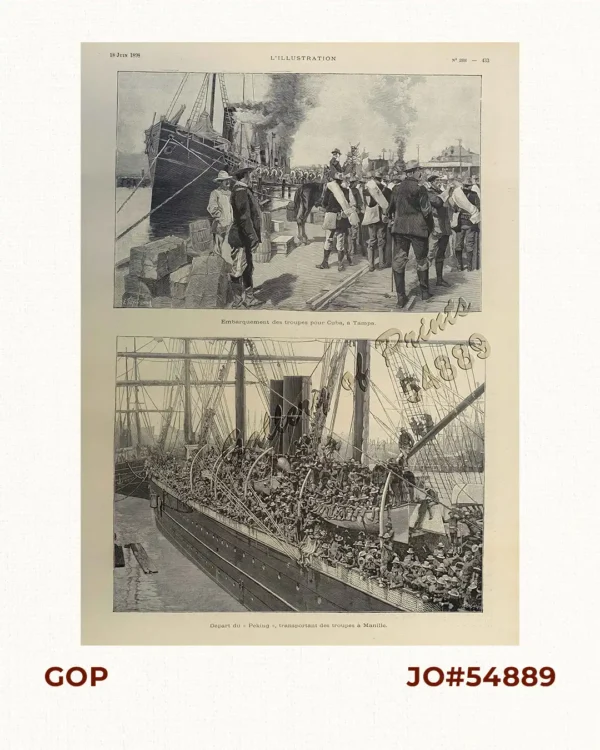 1. Embarquement des troupes pour Cuba, a Tampa 2. Depart du "Peking", transportant des troupes a Manille