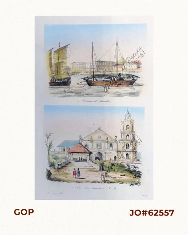 1. Douane de Manille [customs house]. 2. Eglise San Francisco a Manille [Church …].