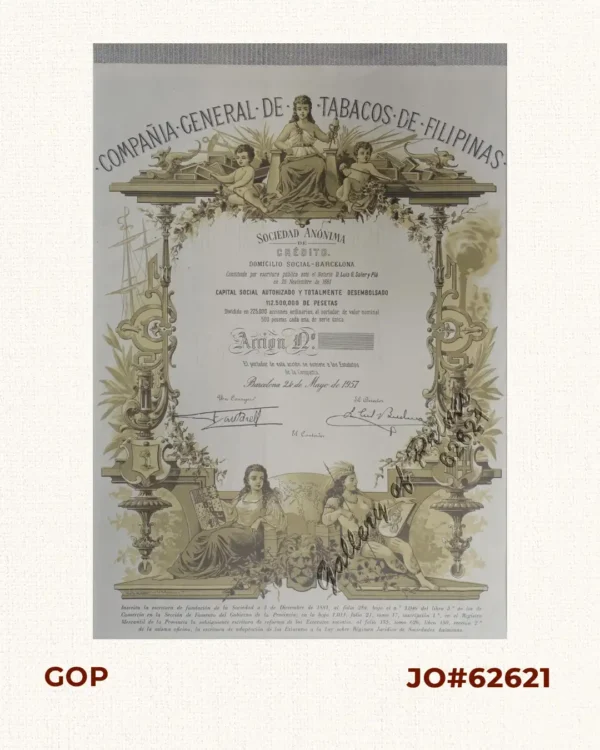 Accion [stock certificate] [unnumbered] Capital Social Autorizado y Totalmente Desembolsado 112,500,000 pesetas Dividido en 225,000 acciones ordinarias, al portador, de valor nominal 500 pesetas cada una, de serie única. [Tabacalera Shares]