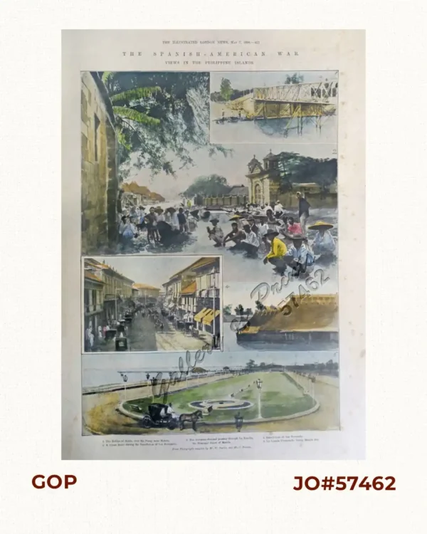 The Spanish-American War: Views in the Philippine Islands 1. The Bridge of Ayala, over the Pasig near Manila. 2. A Street Scene during the Inundation of San Fernando. 3. The Governor-General passing through La Escolta, the Principal street of Manila. 4. Inundations at San Fernando 5. La Luneta Promenade, facing Manila Bay