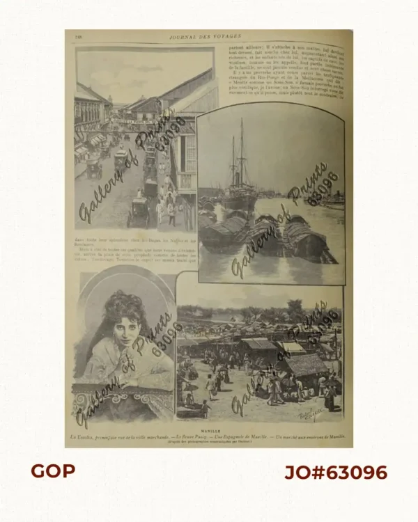 1) La Escolta, principale rue de la ville marchande.  2) Le fleuve Pasig.  3) Une Espagnole de Manille.  4) Un marchè aux environs de Manille.