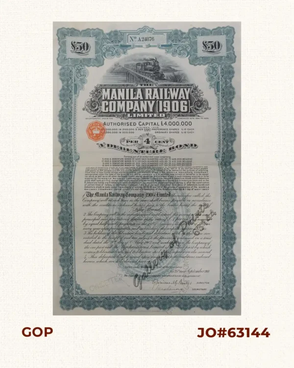 The Manila Railway Company [1906]  "A" Debenture Bond for £50, No. A24876  with 60 coupons