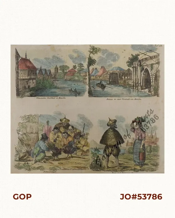 1. Chinesisches Stadttheil in Manilla [Chinese Quarters in Manila]; 2.Ruinen in einer Vorstadt von Manilla [Ruins in a Manila Suburb]; 3. Hahnenkämpfe [Cockfights]; 4. Mann und Frau von Ilocos [Man and Woman of Ilocos]
