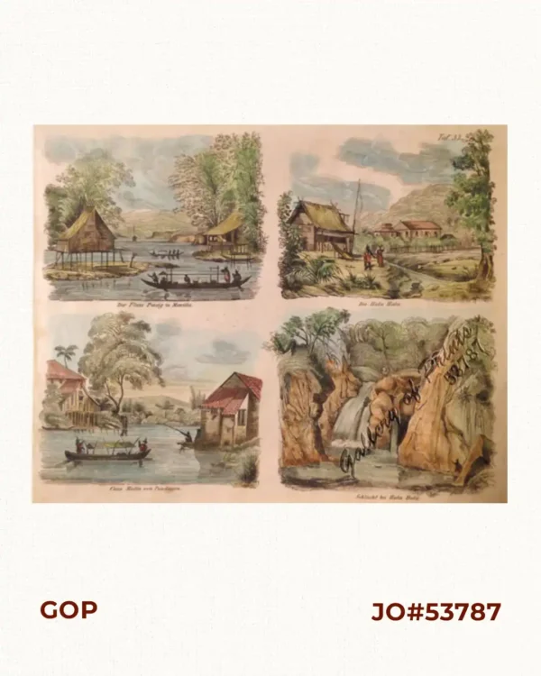 1. Der Fluss Passig in Manilla.; [Pasig River in Manila]; 2. Die Hala Hala.; 3. Casa Matta von Pandacon [Nipa House at Pandacan]; 4. Schlucht bei Hala Hala. [Gorge at Hala Hala]