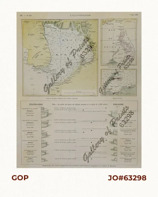 1. Carte de la baie de Manille. 2. Carte générale de îles Philippines. 3. Baie de Cavite. 4. Diagrame de forces respectives des eccadres américaine et espagnole au combat de Manille.